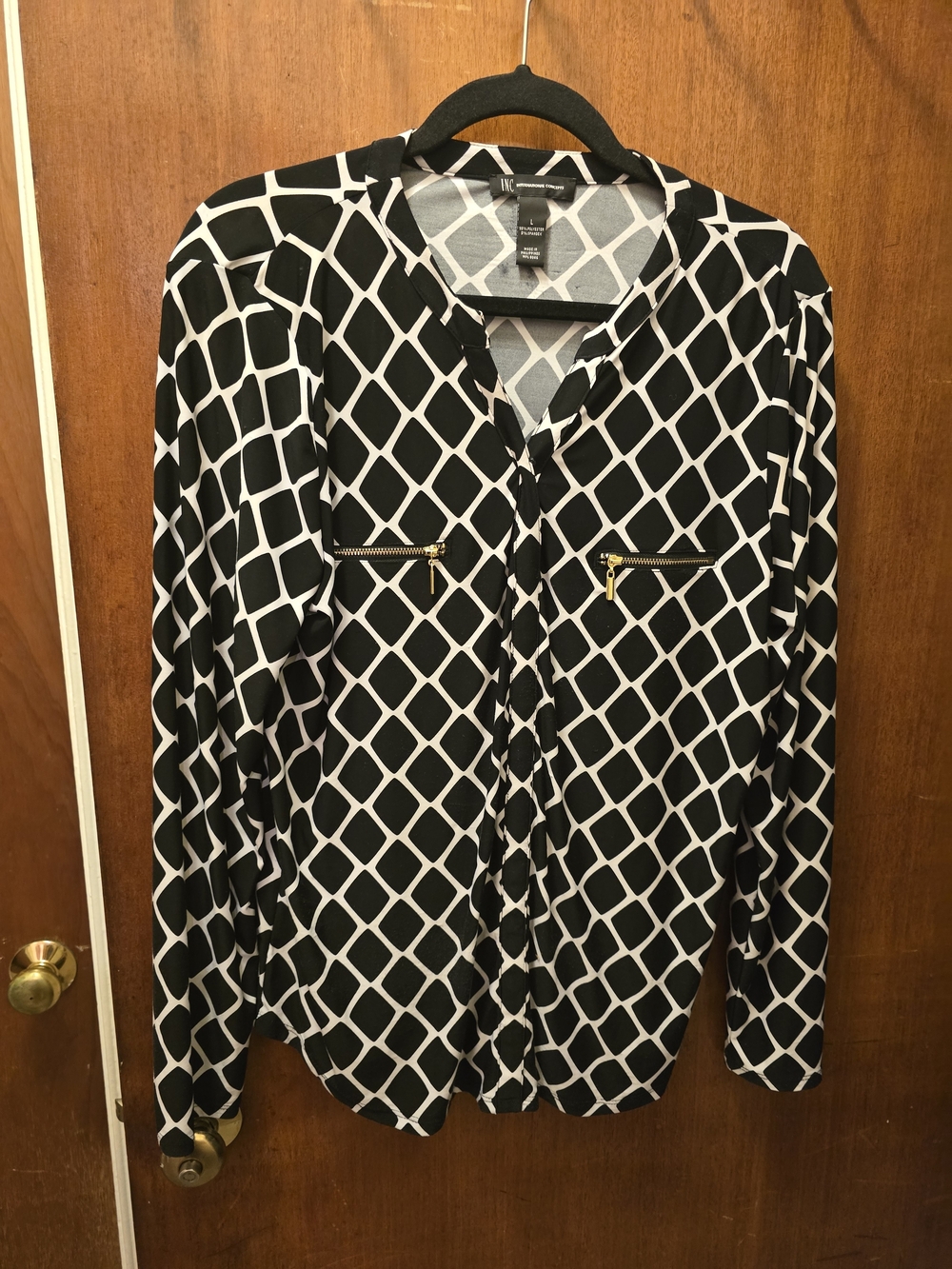 INC International Concepts Black and White Geometric Zip-Pocket Blouse